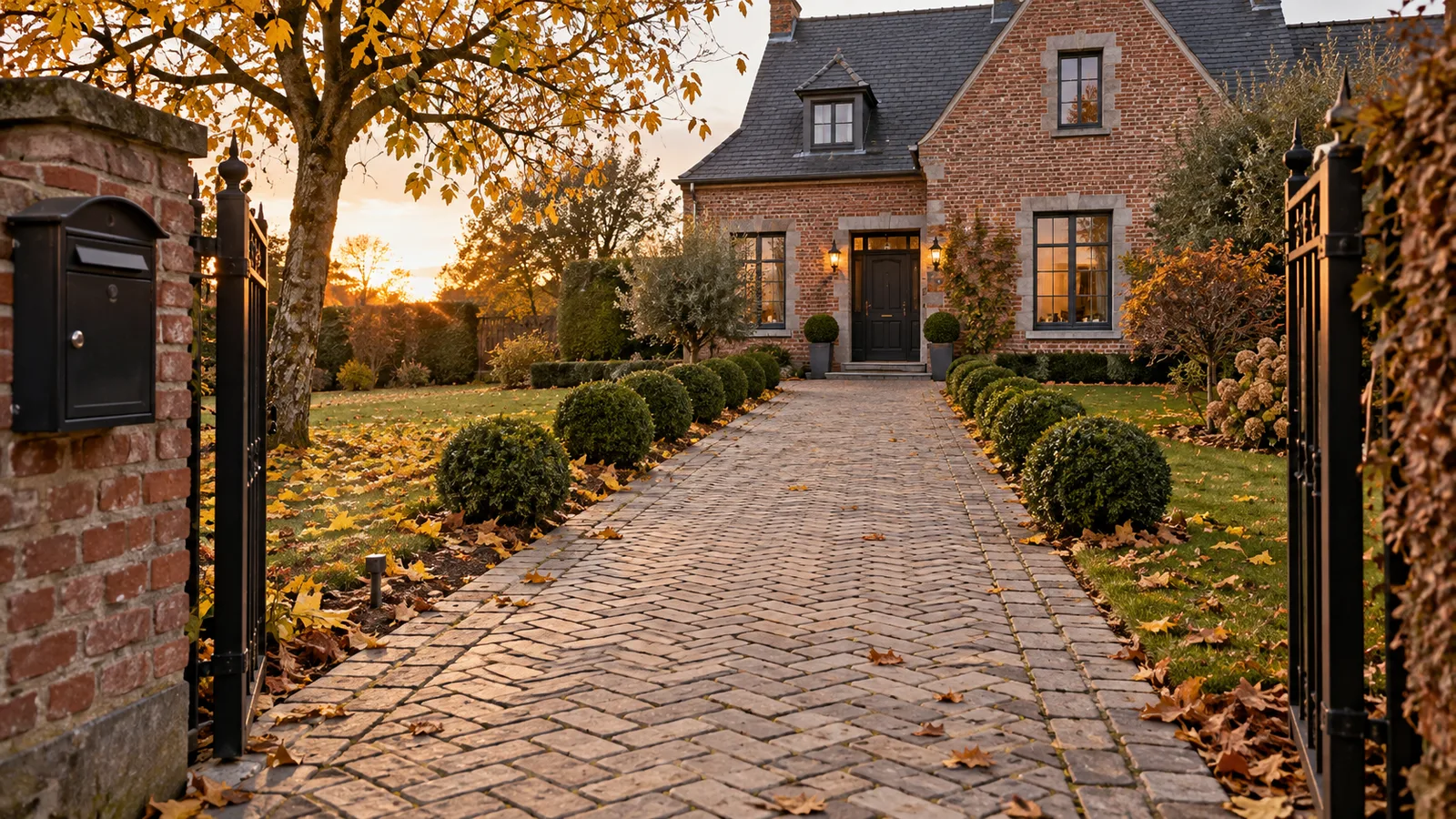 Allée pavée menant à une maison en brique en automne