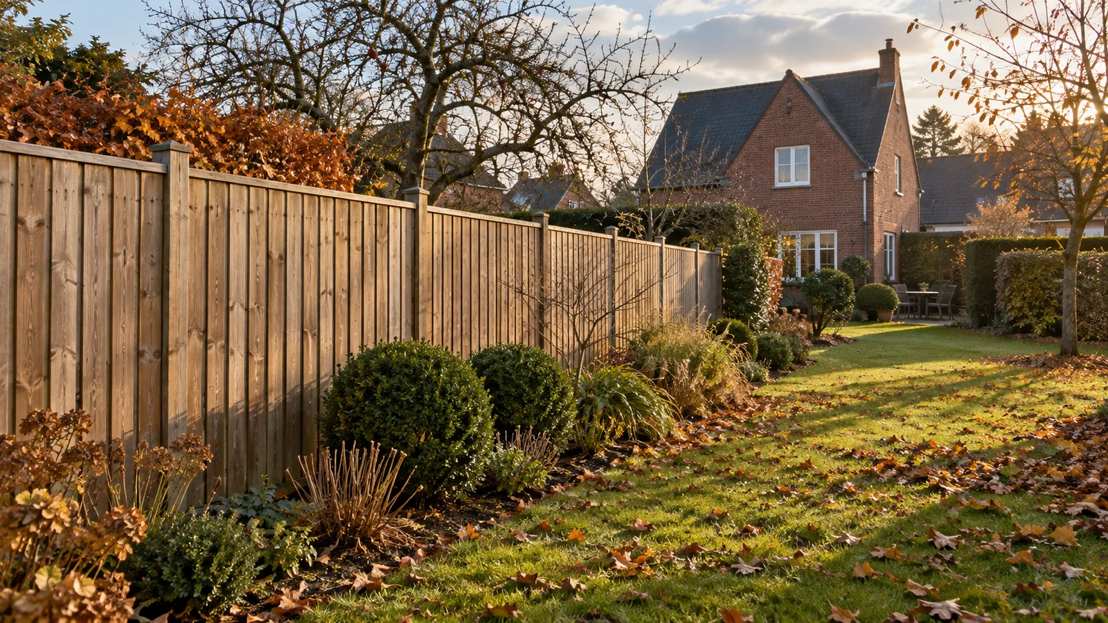 Palissade en bois le long d'un jardin en automne