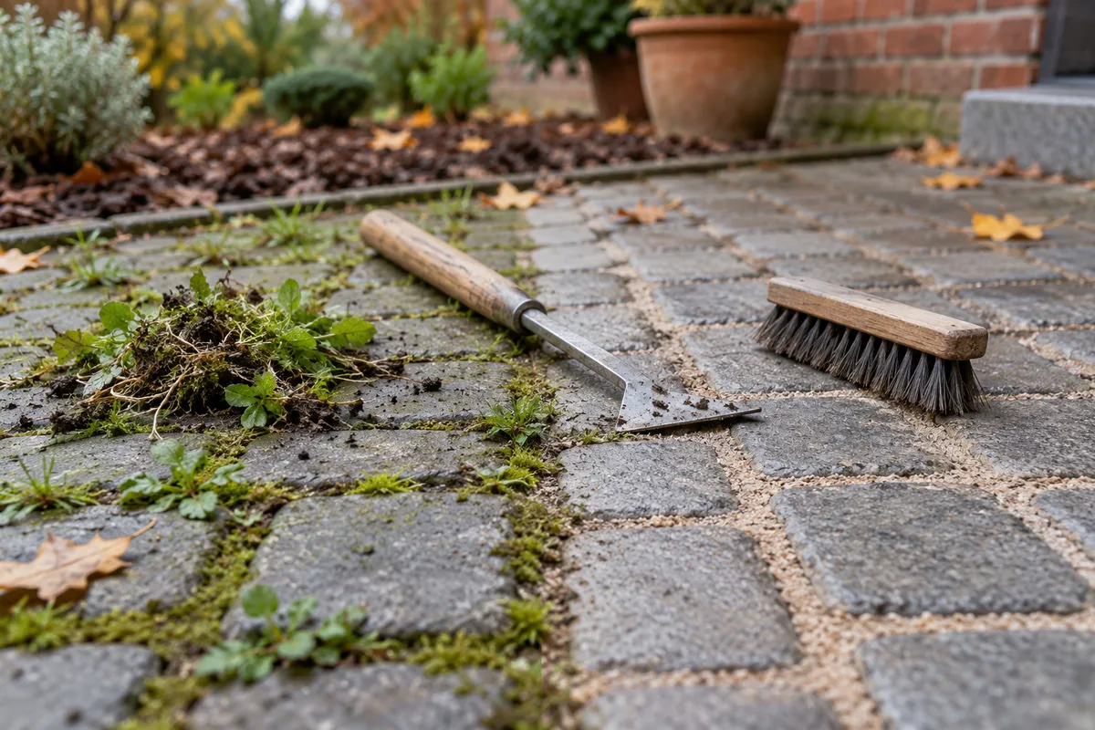 Joints de pavés en cours de désherbage : grattoir, brosse et herbes arrachées