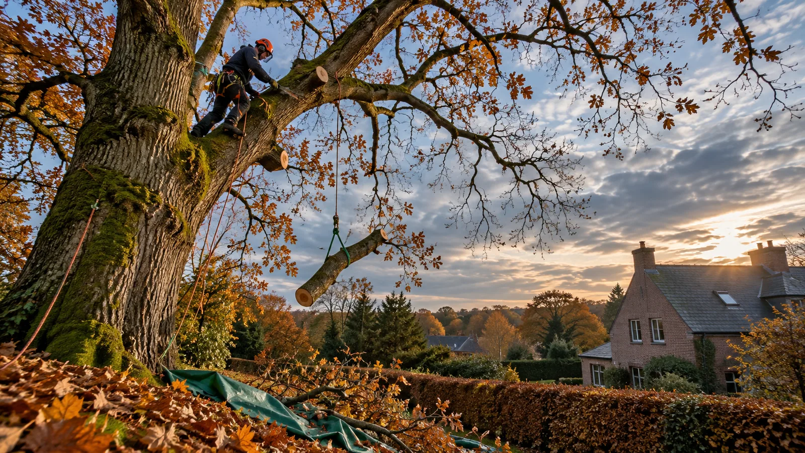 Élagage d'un grand arbre dans un jardin en automne