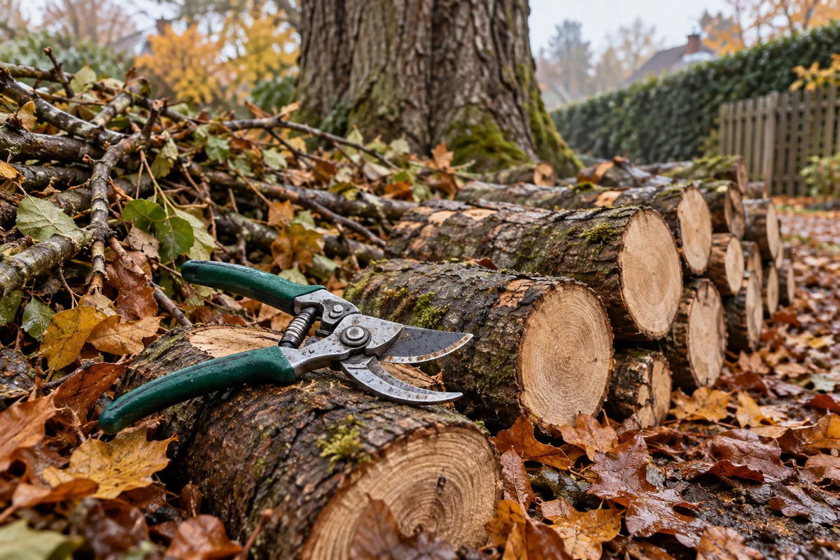 Branches coupées et sécateur au pied d'un arbre