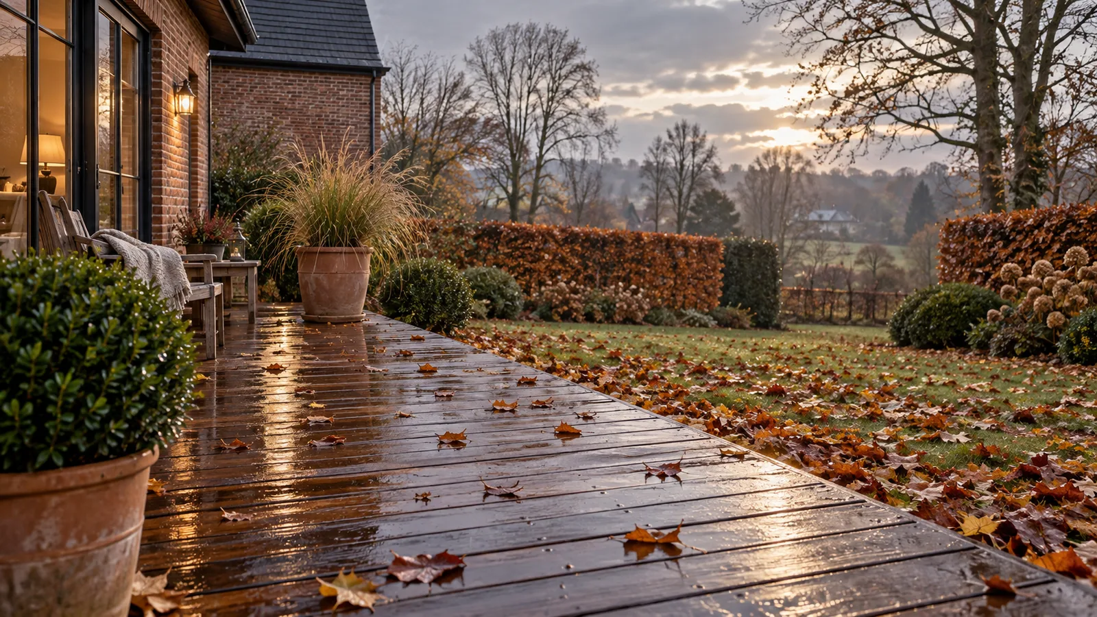 Terrasse en bois humide couverte de feuilles en automne
