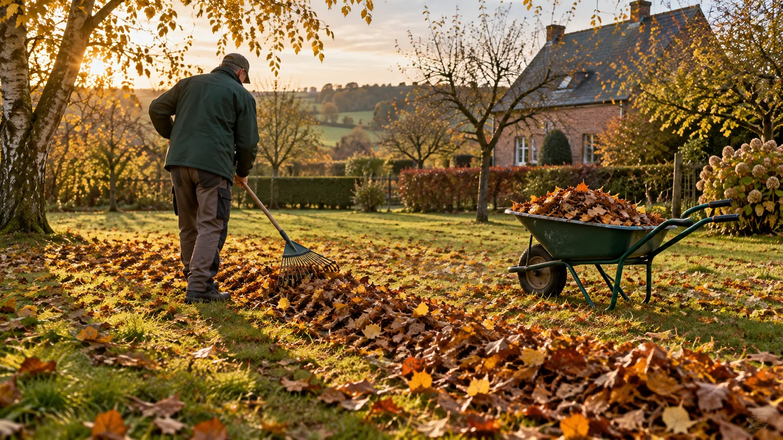 Jardinier ratissant les feuilles mortes sur une pelouse