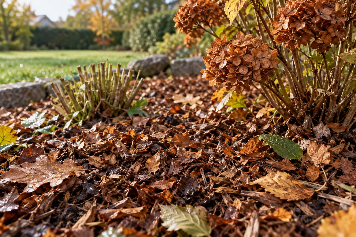Paillage de feuilles mortes au pied des massifs