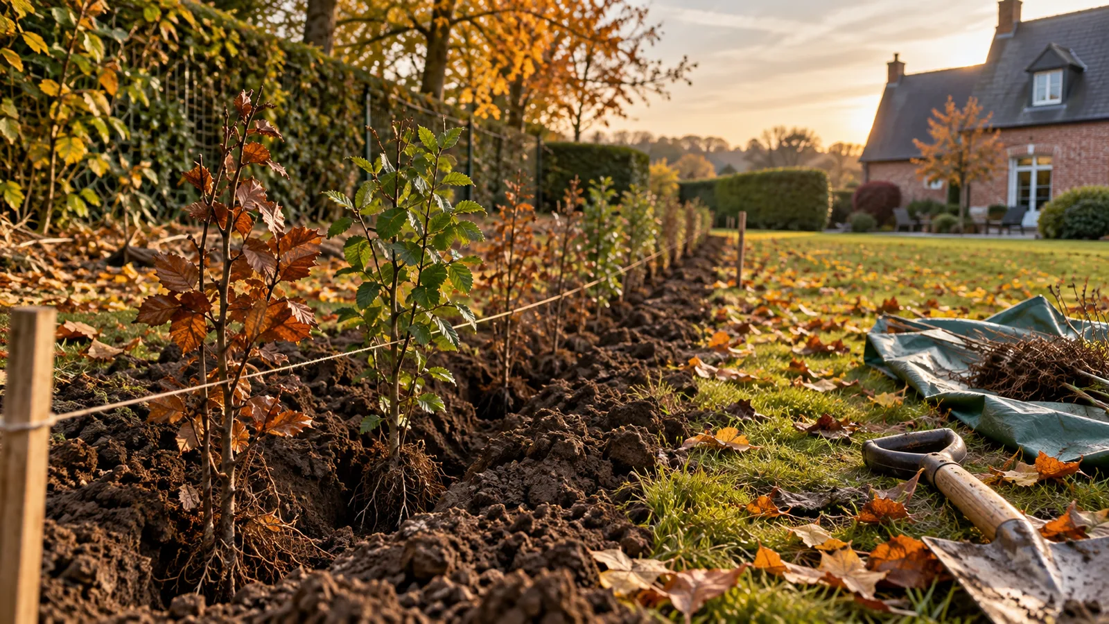 Jeune haie fraîchement plantée le long d'un jardin