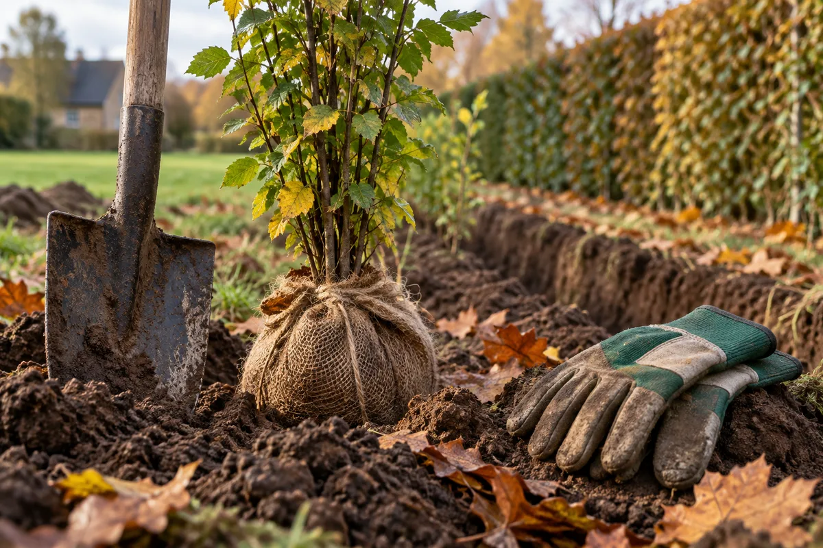 Plant en motte prêt à être mis en terre, bêche et gants