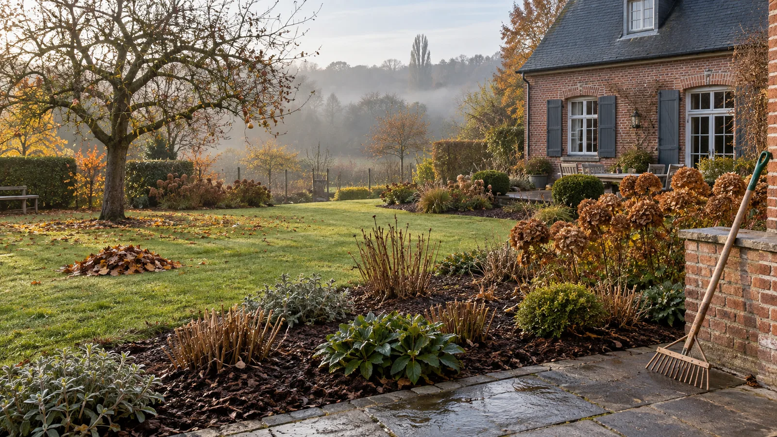 Jardin rangé et paillé à l'approche de l'hiver