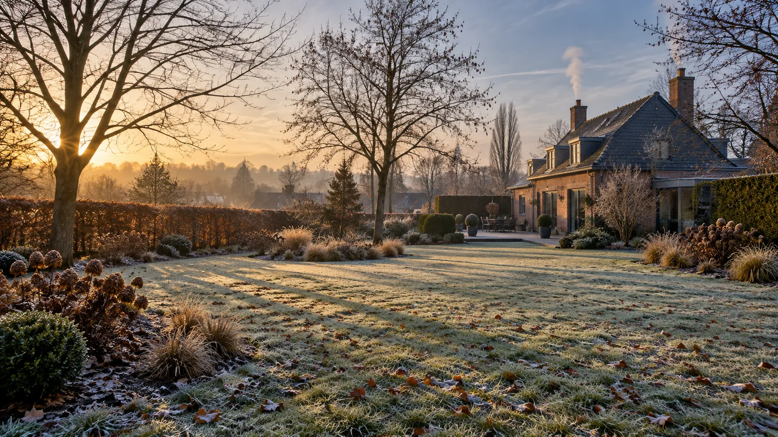 Jardin givré au lever du soleil, vu depuis la maison