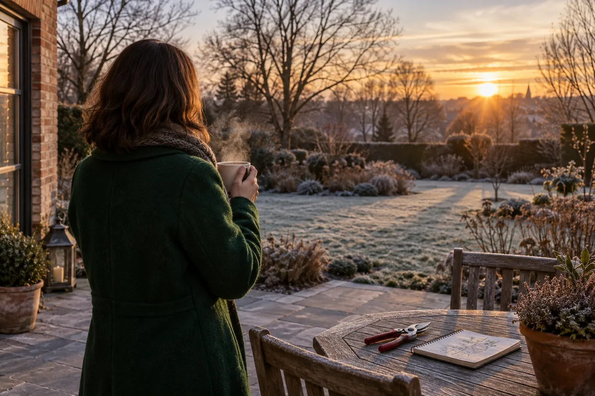 Personne observant son jardin en hiver depuis la terrasse