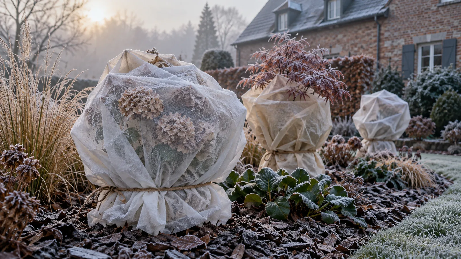 Arbustes protégés par des voiles d'hivernage dans un jardin givré