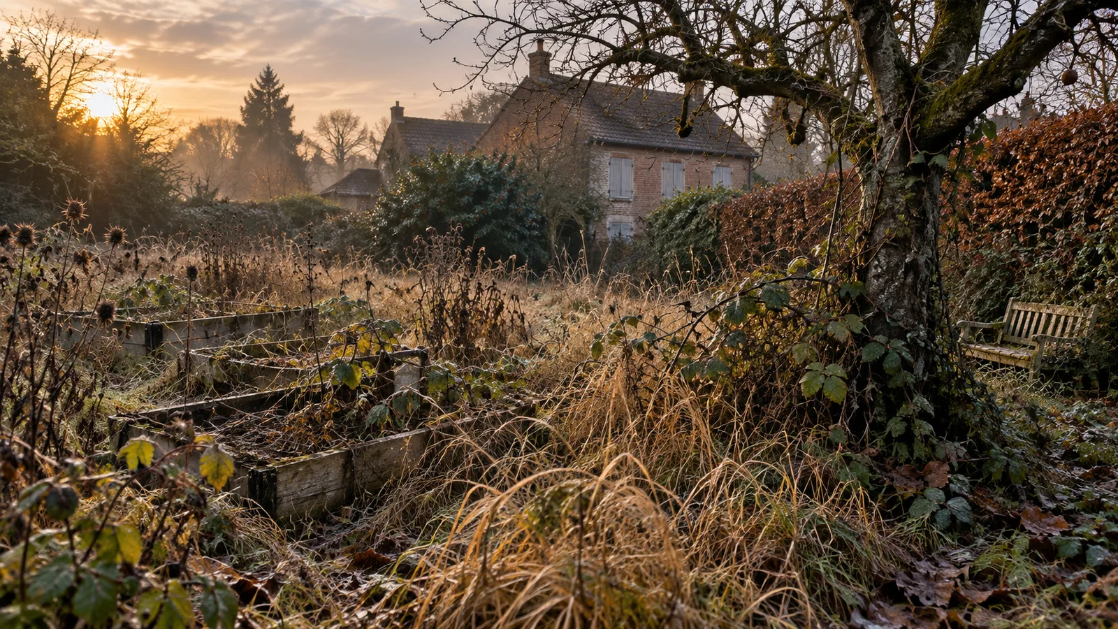 Jardin envahi par les herbes hautes et les ronces