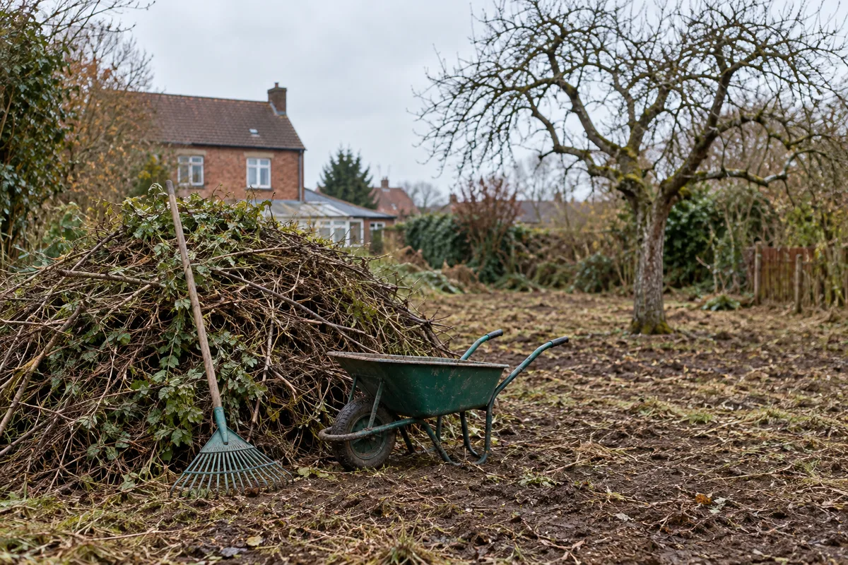 Jardin débroussaillé avec tas de déchets verts et brouette