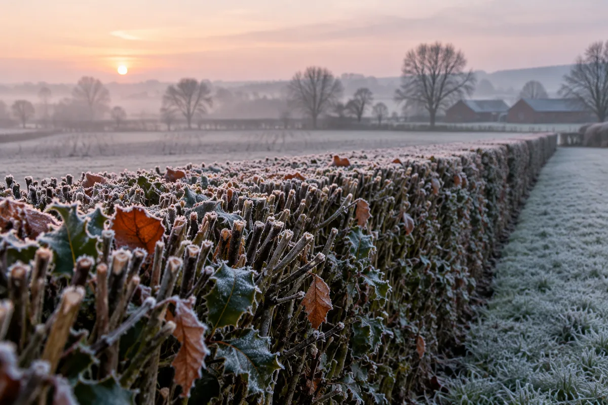 Haie de charmille couverte de givre au petit matin